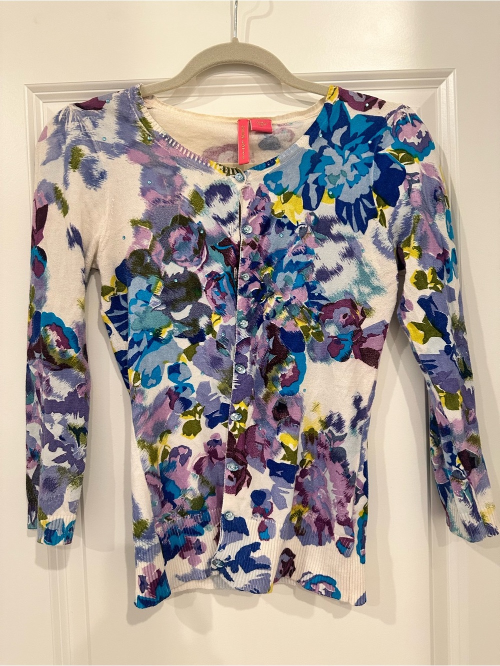 Charlotte Tarantola Floral Button-Front Cardigan in Blue, Purple, Green, Cream